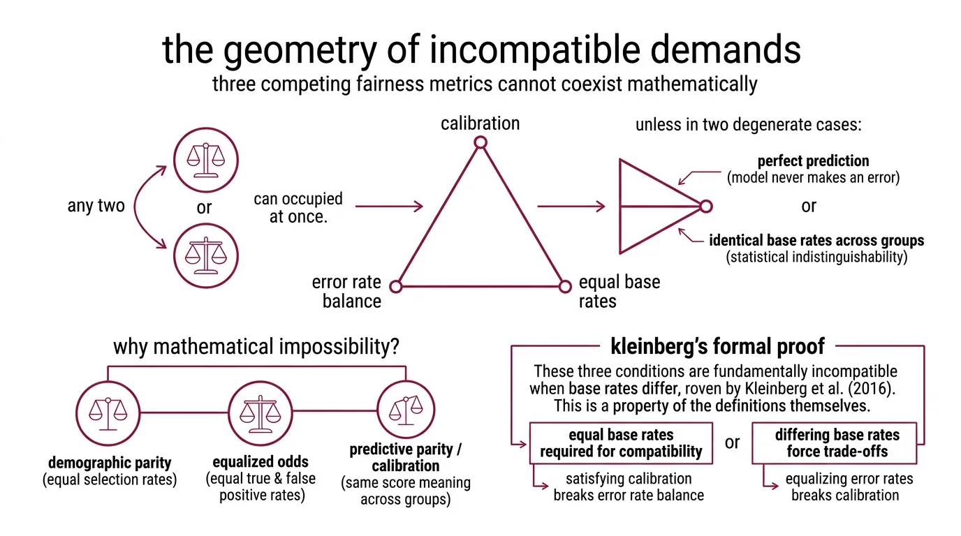 Triangle diagram showing three fairness vertices — calibration, error rate balance, and equal base rates — with constraint arrows indicating which properties break when each pair is satisfied