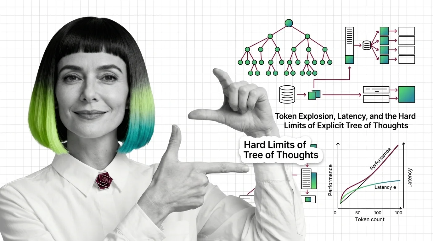 Abstract branching decision tree dissolving into expensive token counters, representing Tree of Thoughts compute cost