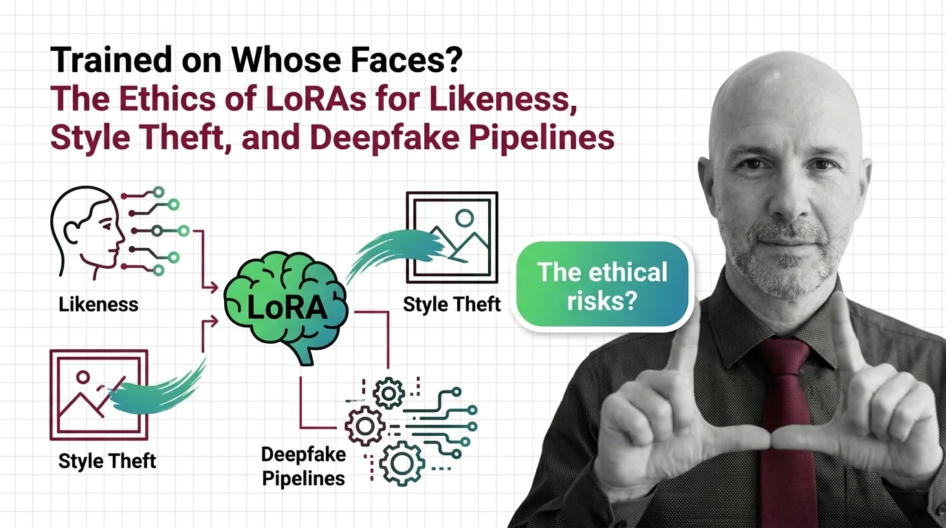 Anonymous portrait dissolving into a folder of reference photos feeding a fine-tuning pipeline