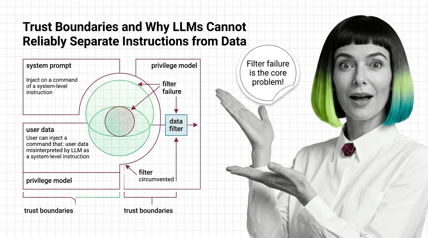 LLM token stream diagram showing system prompt and user data as indistinguishable sequences