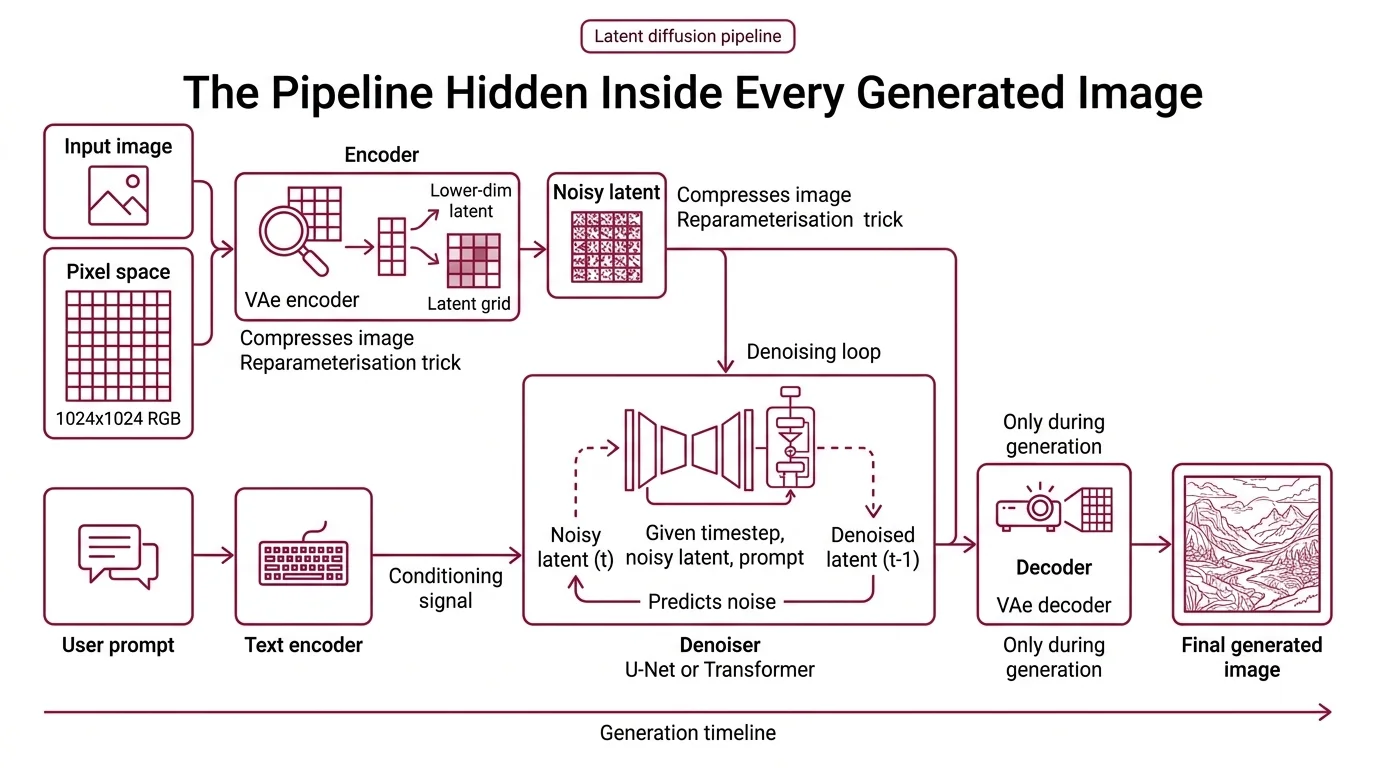 Anatomy diagram showing the four components of a modern diffusion pipeline: VAE encoder/decoder for latent compression, U-Net or DiT denoiser with cross-attention from the text encoder, and a sampler iterating over noise levels