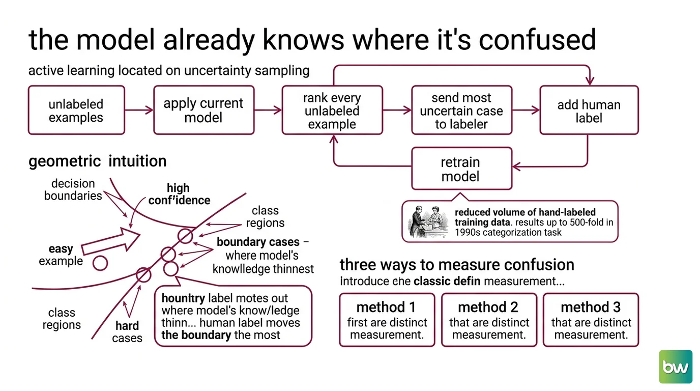 Two-axis map separating query scenarios (pool-based, stream-based) from query strategies (least confidence, margin, entropy, query-by-committee)