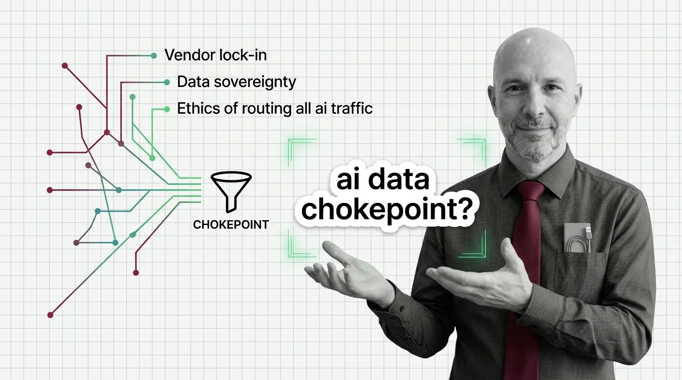 Abstract diagram: AI traffic funneled through a single LLM gateway chokepoint, corporate acquisition arrows converging