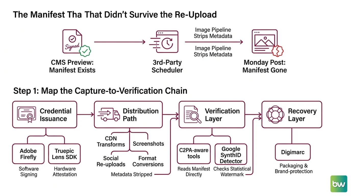 Four-component content provenance pipeline: credential issuance, distribution path, verification layer, and recovery layer
