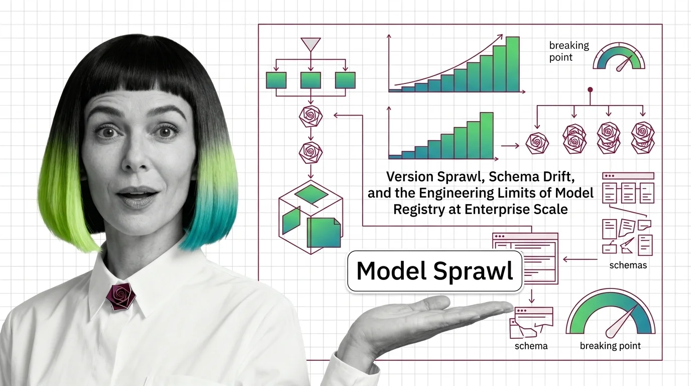 Grid of model version nodes diverging across team namespaces, with schema contracts breaking at the edges