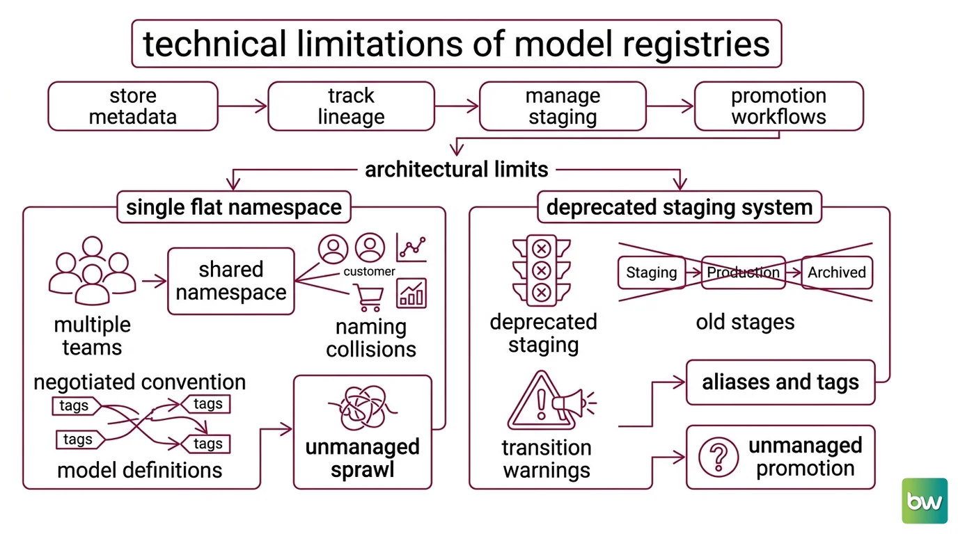Three-layer diagram separating version tracking, schema contract enforcement, and production observability, showing which layer a model registry covers and which it does not