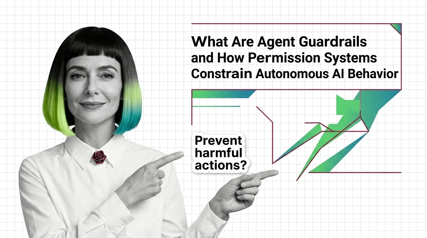 Conceptual visualization of agent guardrails enforcing permission boundaries on autonomous AI tool calls and outputs