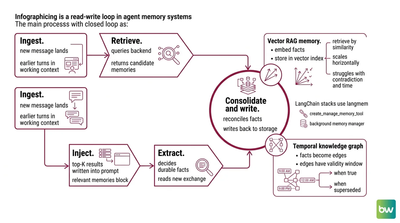 Read-write loop of an agent memory system showing extraction, consolidation, storage backend, retrieval, and injection into the prompt
