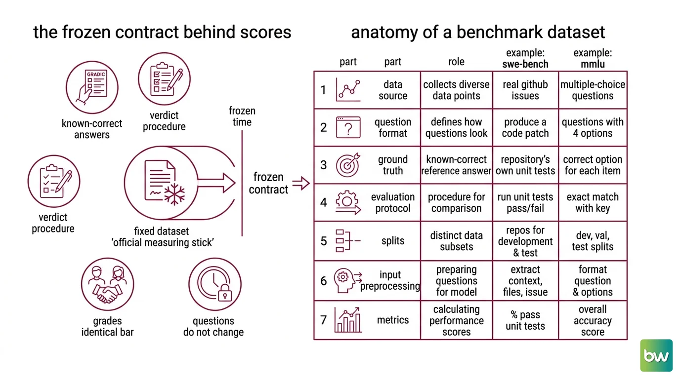 Seven parts of a benchmark dataset feeding a scoring harness that outputs one leaderboard number