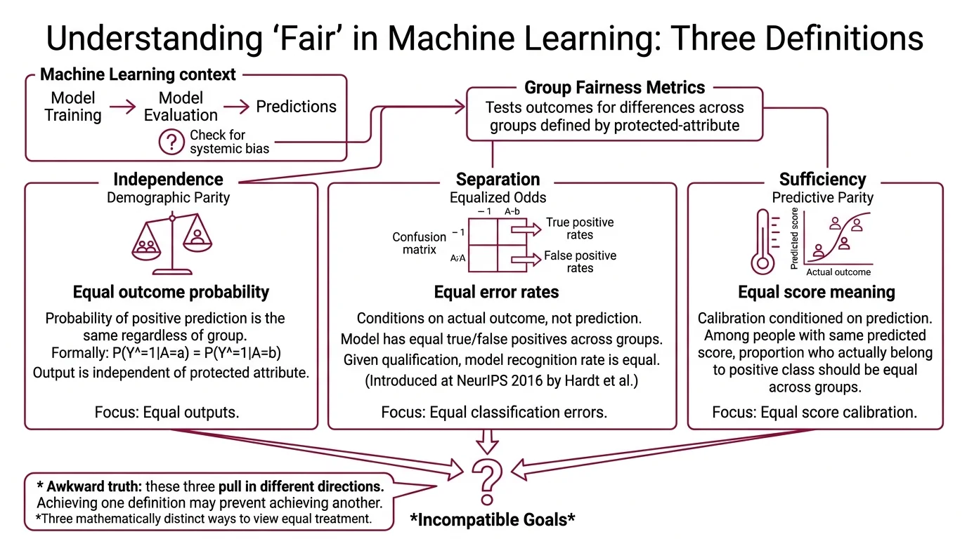 Flowchart showing how disparate impact ratio, equalized odds, and demographic parity each evaluate model predictions across protected groups