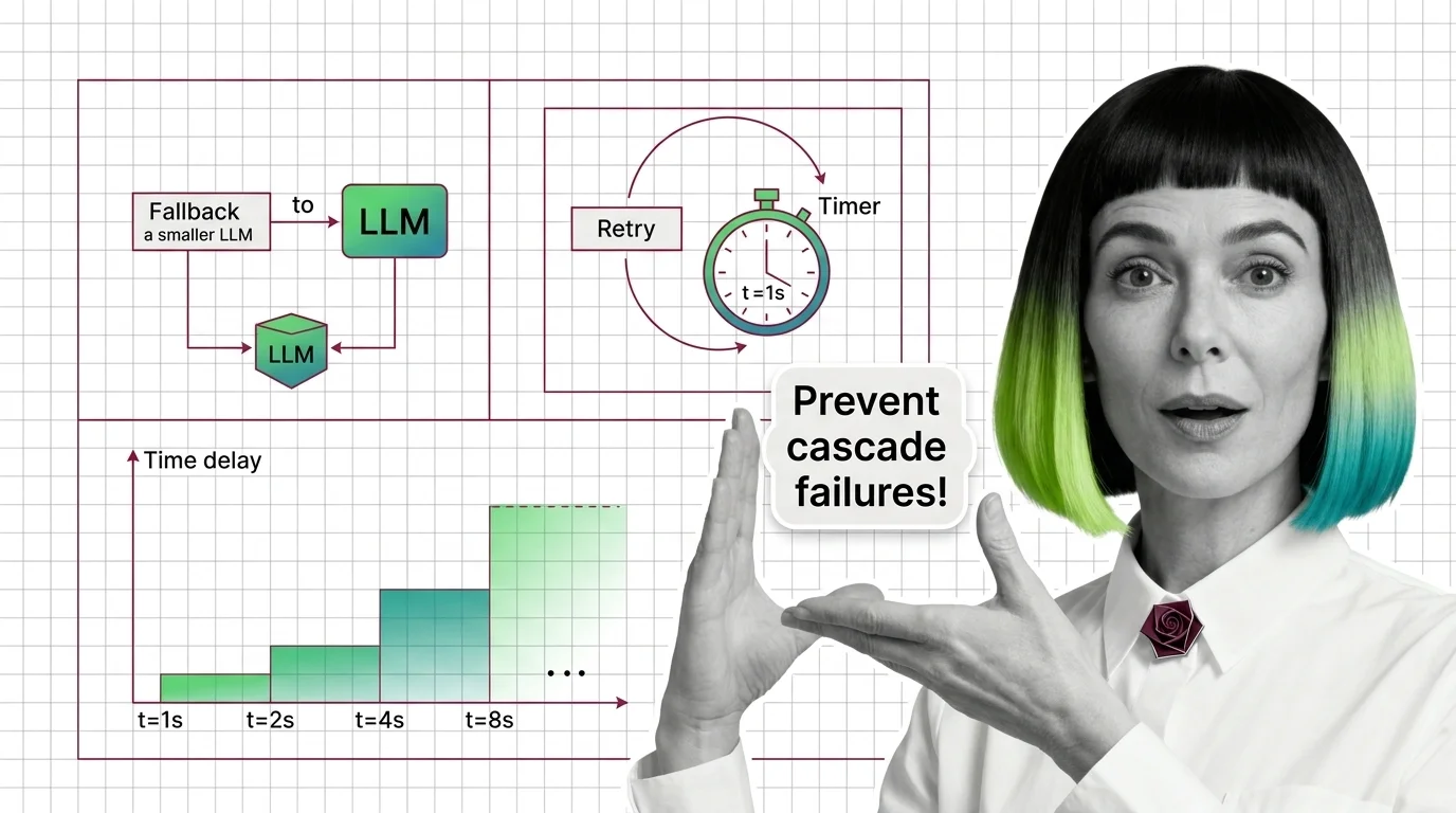 MONA analyzing a flow diagram of LLM API fallback chains and exponential retry intervals