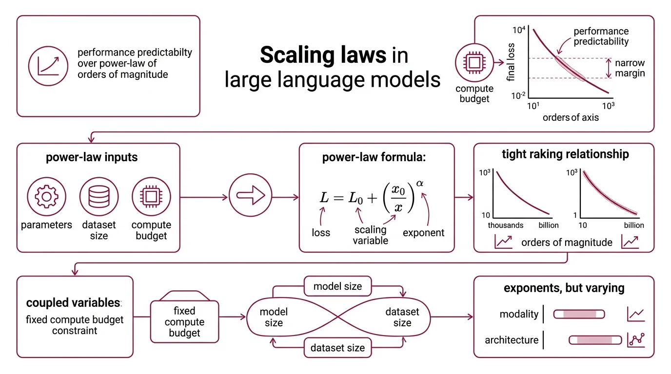Timeline comparing Kaplan, Chinchilla, and Densing Law paradigms with their key formulas and optimization targets