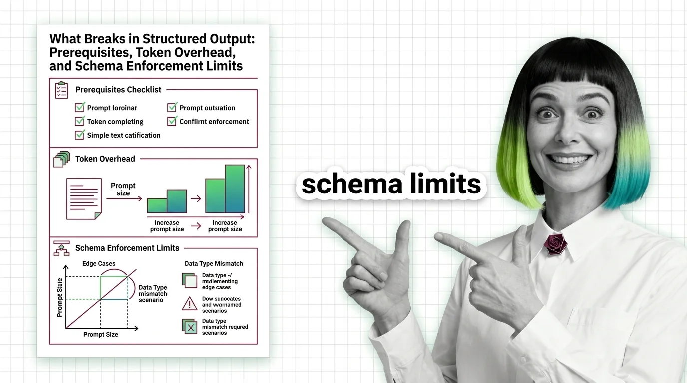 JSON schema enforcement diagram showing constrained decoding paths for LLM structured output token generation