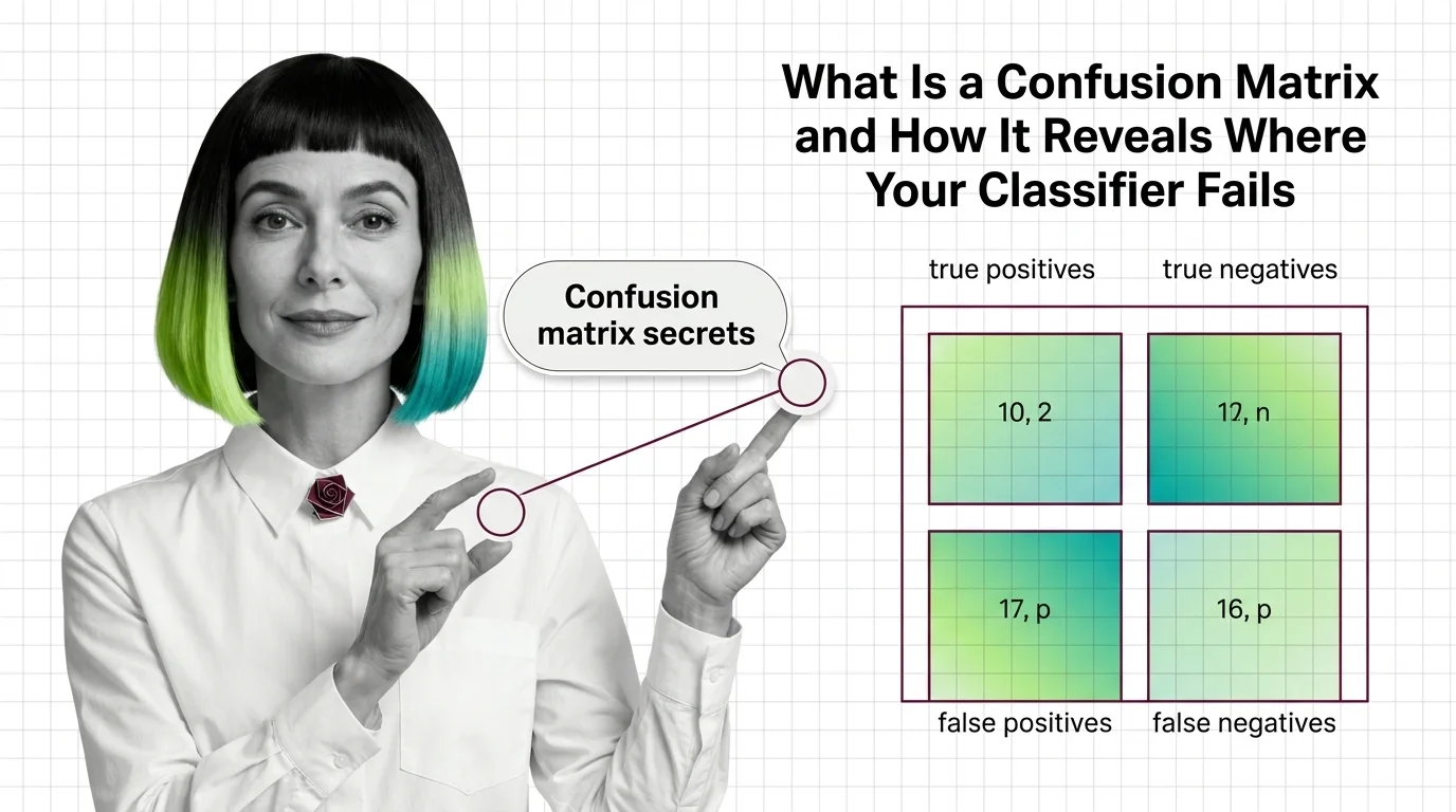 Geometric grid mapping classifier predictions against actual outcomes with highlighted error cells and diagnostic metric paths