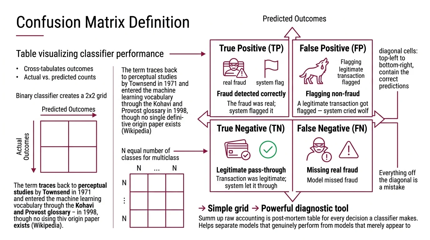 Step-by-step confusion matrix reading protocol showing diagonal analysis, off-diagonal error scanning, row and column comparison, and targeted metric derivation