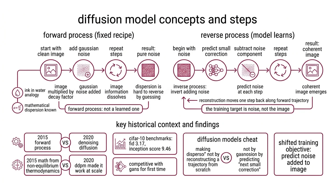 Diagram showing forward diffusion adding Gaussian noise across T=1000 timesteps, then the reverse process predicting and subtracting that noise to recover a clean image