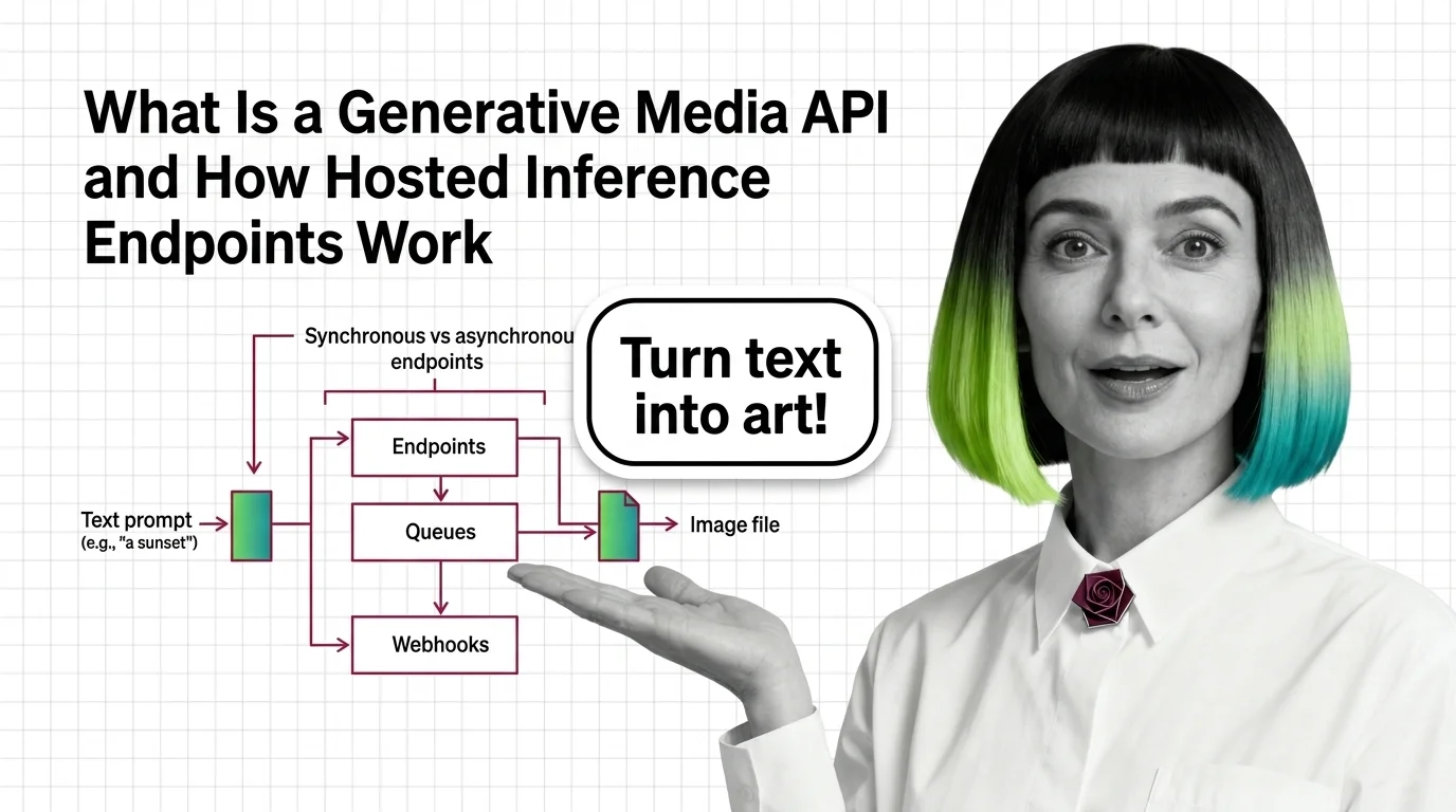 Diagram of a prompt routed through a generative media API's queue and webhook pipeline to an image, video, or audio result