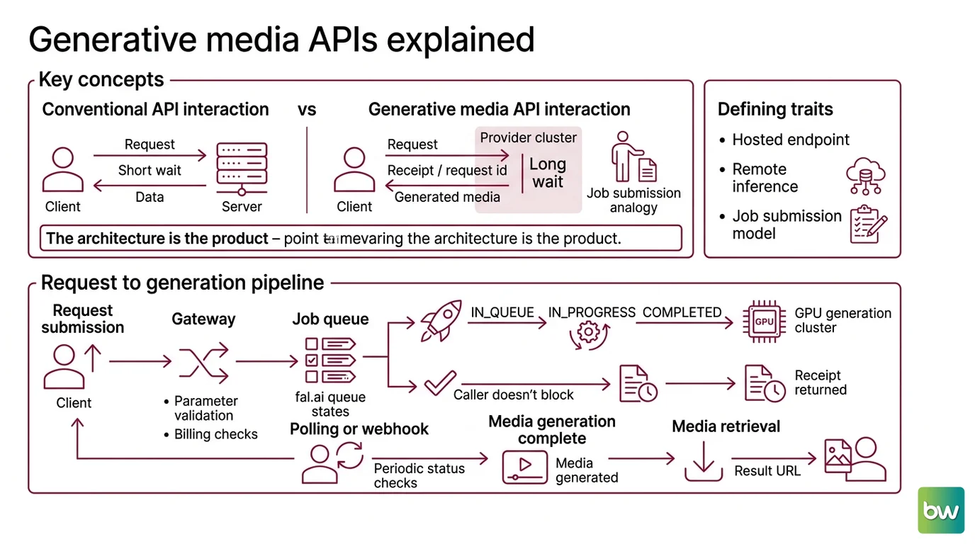 Diagram of a generative media API request flowing from submission through a queue and worker pool to a webhook-delivered result