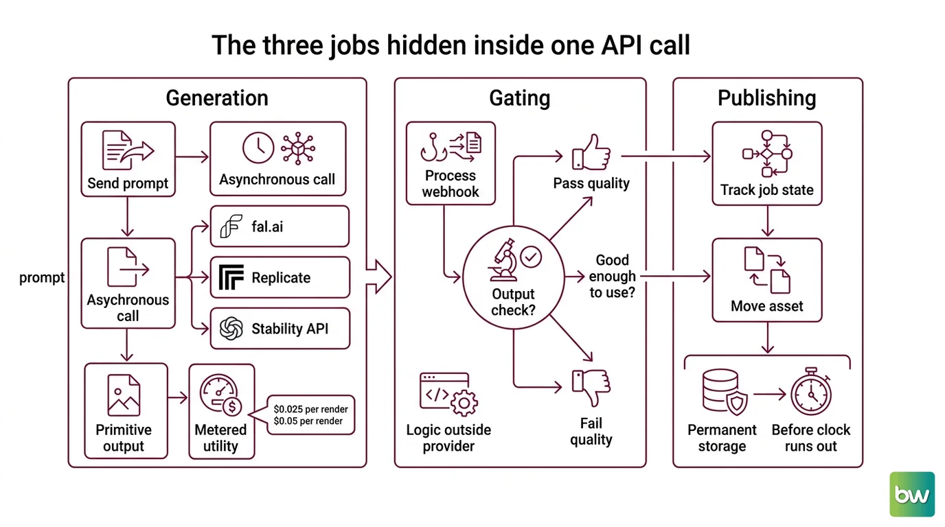 Diagram of generation, gating, and publishing stages linked by an async queue and webhook trigger