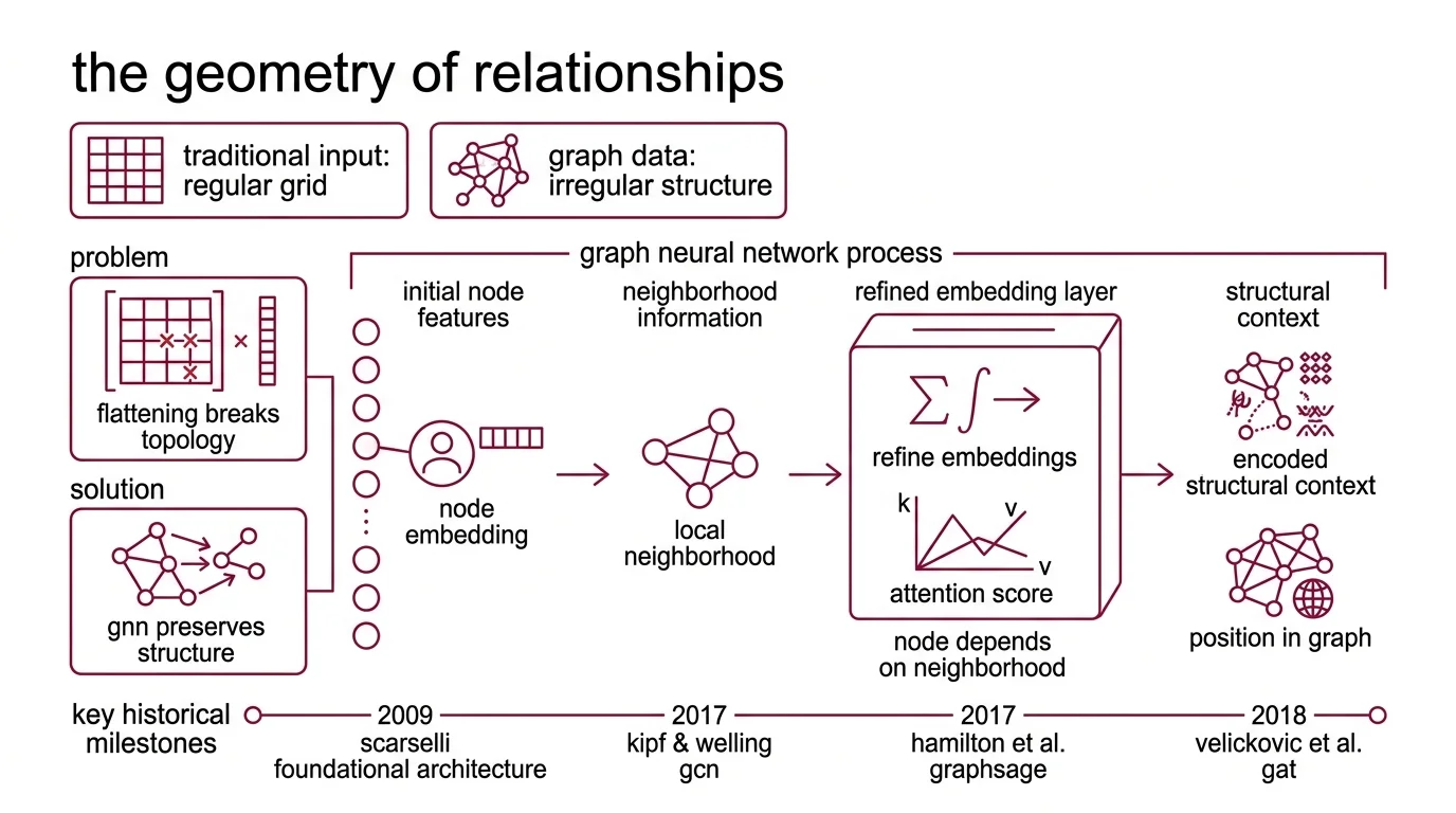Comparison of standard grid convolution versus graph convolution showing fixed kernel on pixel grid versus variable neighborhood aggregation on graph nodes