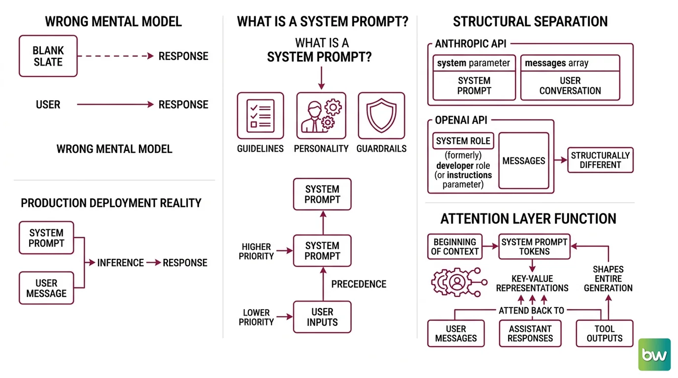 Diagram of three-layer instruction hierarchy: safety constraints → system prompt → user message, with arrows showing priority precedence