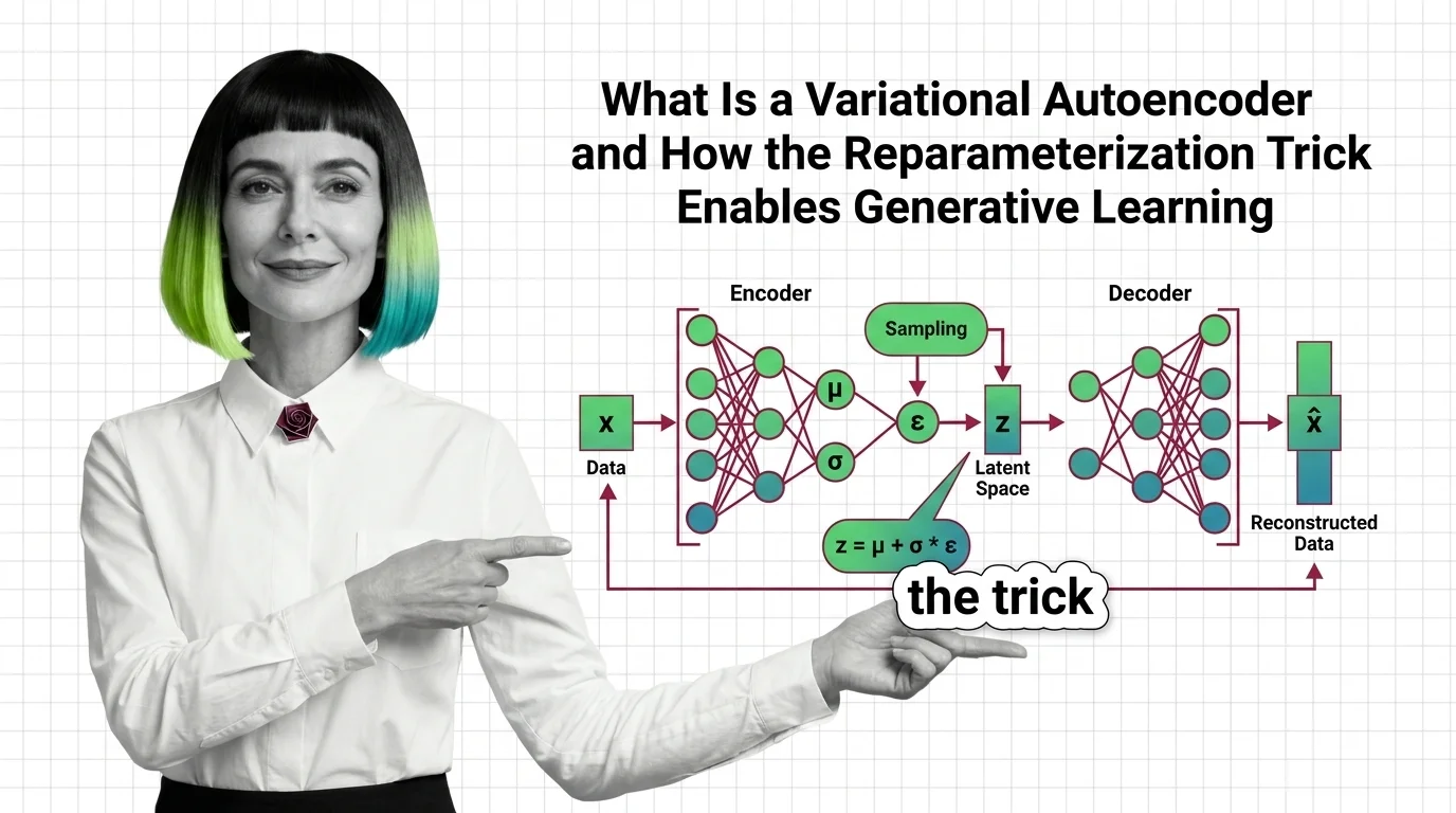 Probability distributions flowing through an encoder-decoder bottleneck with sampling points in latent space