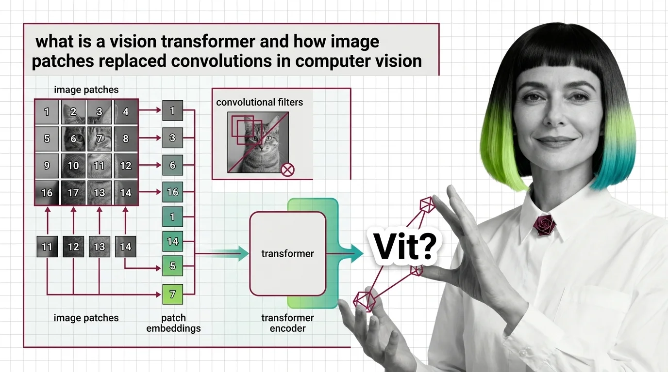 Geometric grid of image patches transforming into a token sequence representing vision transformer patch embedding architecture