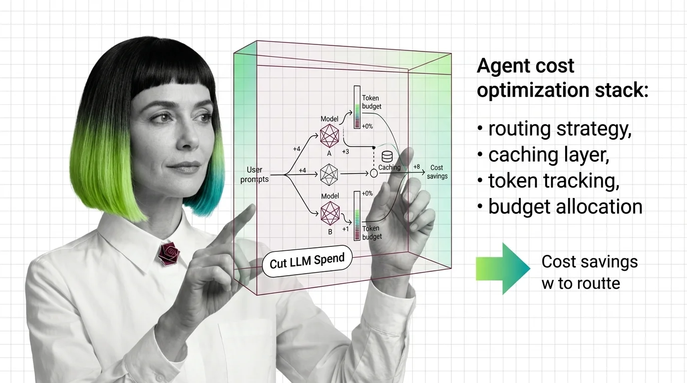 Geometric diagram of an LLM agent loop split into routing, caching, and token-budget control layers