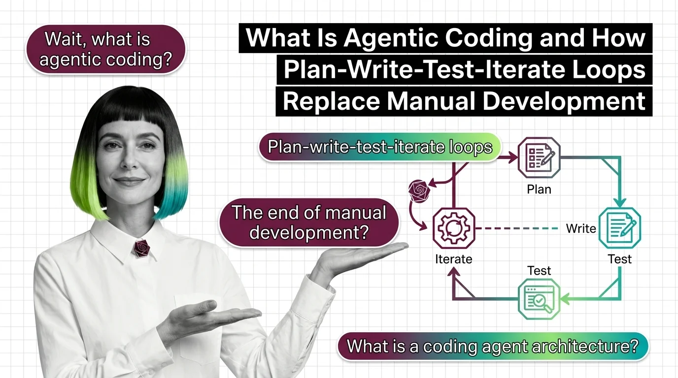 Concept visualization of an agentic coding loop iterating through plan, write, test, and revise stages.