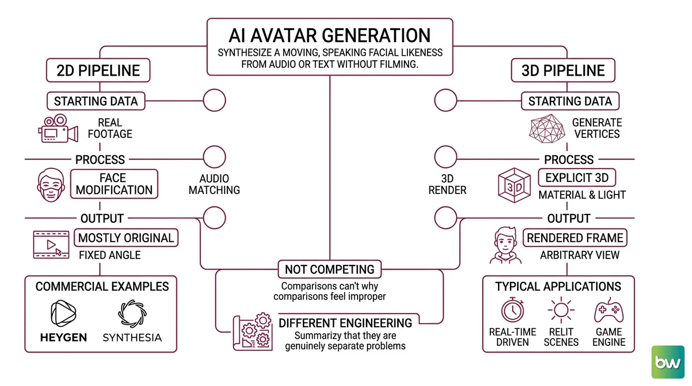Side-by-side diagram comparing the 2D lip-sync avatar pipeline and the 3D volumetric avatar pipeline