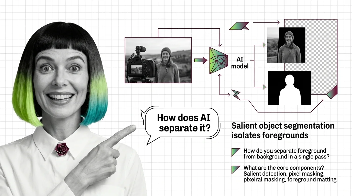 Salient object segmentation pipeline isolating a foreground subject from a busy background using alpha matting and per-pixel opacity