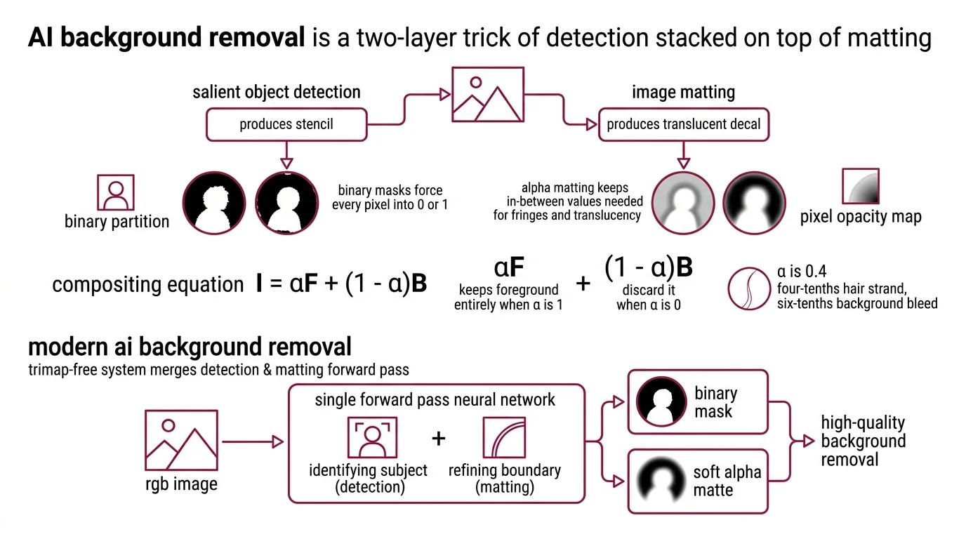 Two-stage pipeline diagram showing salient object detection feeding into alpha matting to produce a per-pixel opacity mask for background removal