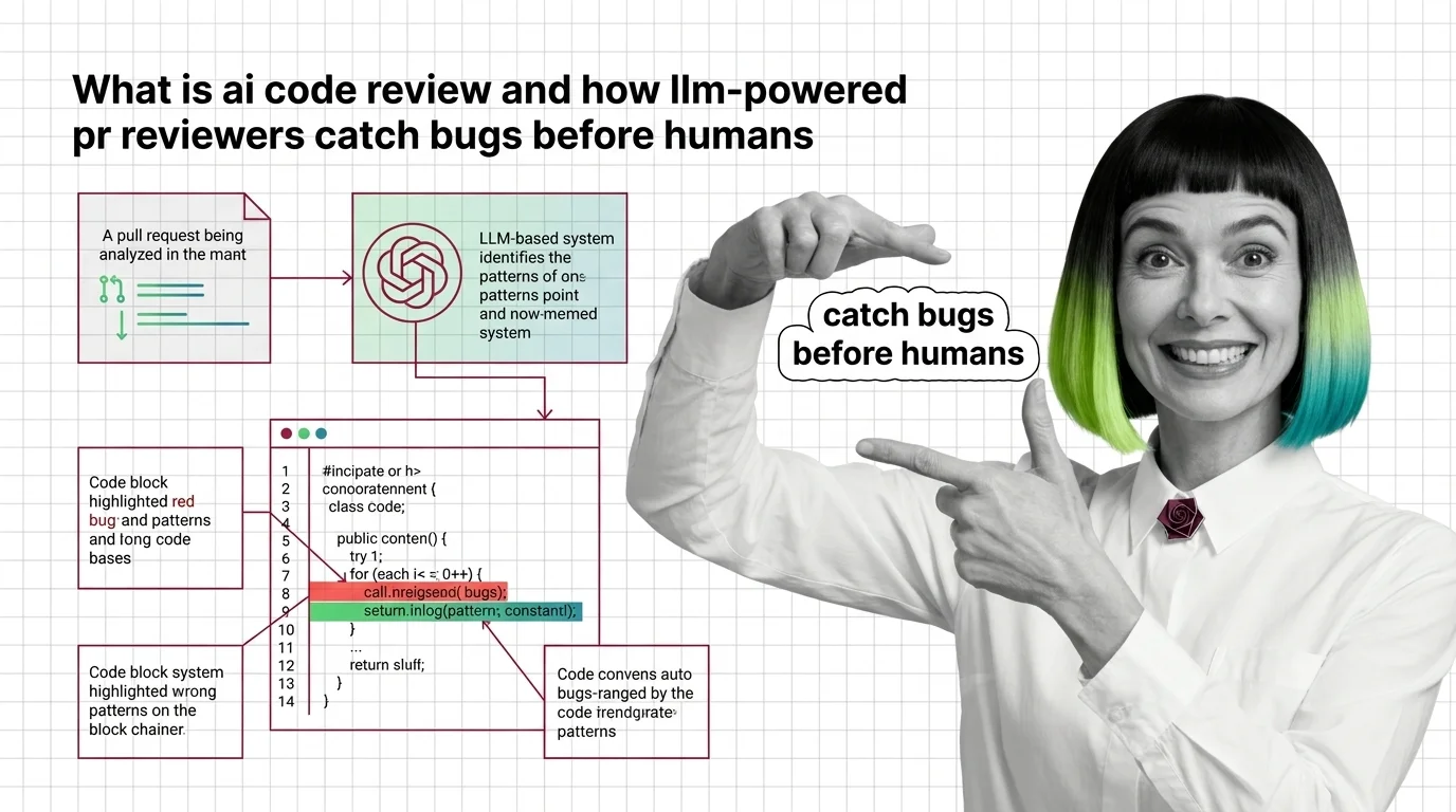 AI agent reviewing pull request changes with highlighted bug patterns and dependencies between files.