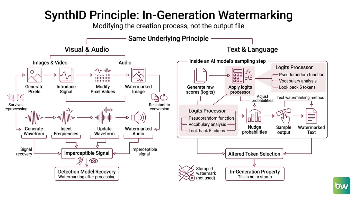 Diagram comparing how a SynthID pixel-level image watermark and a SynthID text logits-processor watermark each embed and survive editing, next to a C2PA metadata manifest that does not