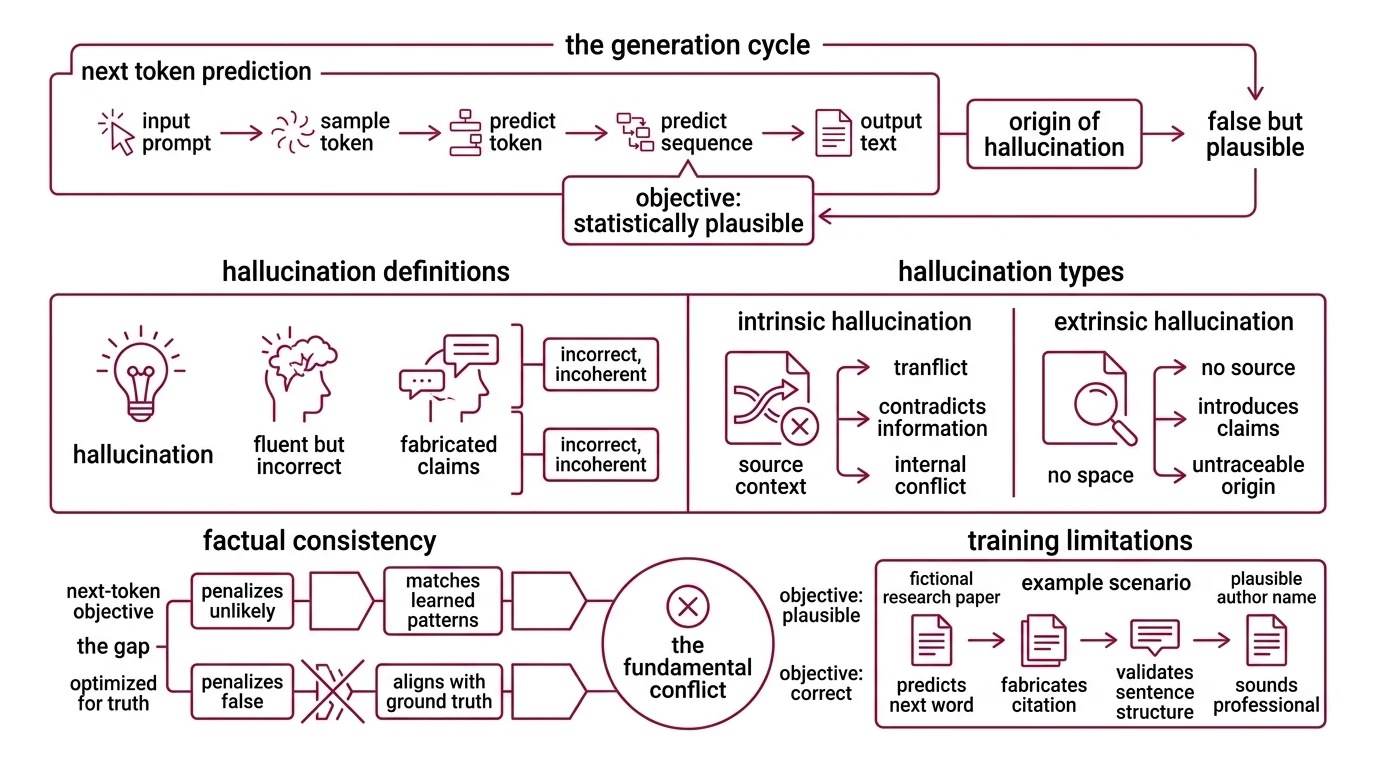 Diagram showing how next-token prediction transforms uncertain probability distributions into confident but potentially false outputs through training incentives and reasoning chains