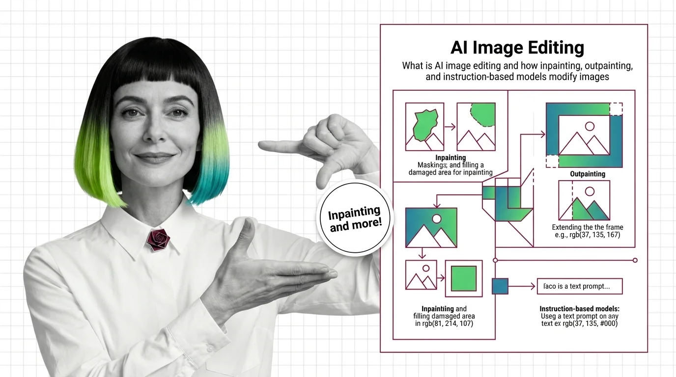Diagram of AI image editing: mask-guided inpainting, canvas outpainting, and instruction-based diffusion edit
