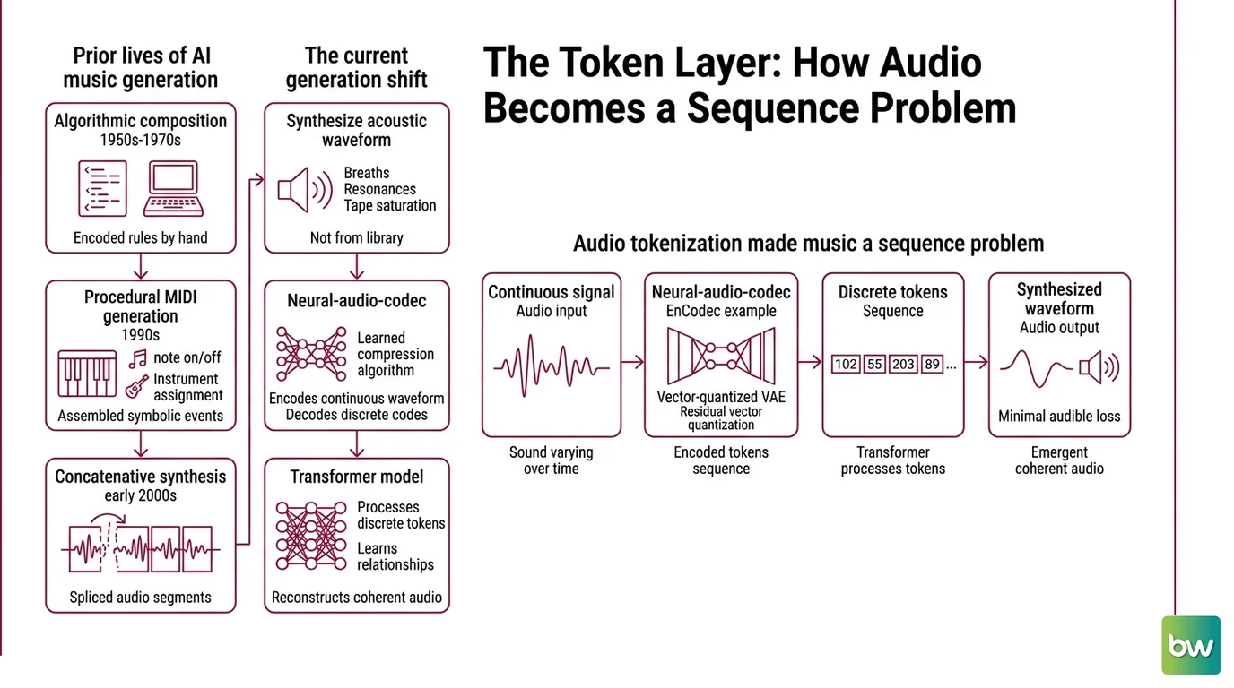 Side-by-side diagram of two AI music generation pipelines: autoregressive (text encoder to left-to-right token prediction to audio decoder) and diffusion (text encoder conditioning iterative noise-to-latent denoising to audio decoder)