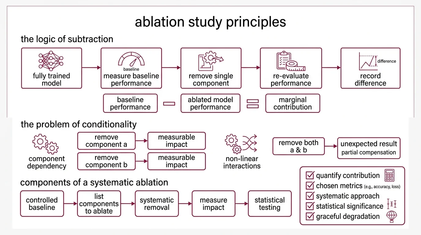 Flowchart showing the ablation study process from baseline measurement through systematic component removal to contribution mapping