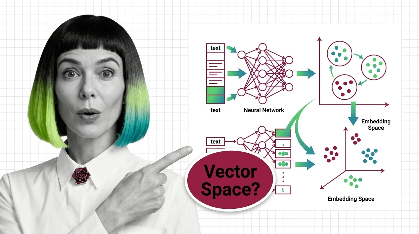 Neural network projecting words into a geometric vector space with visible distance relationships between meaning clusters