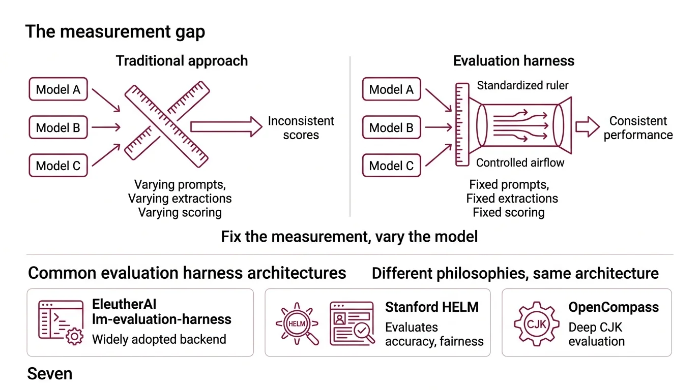 Diagram showing the seven-stage evaluation harness pipeline from YAML configuration through task loading, model interface, batch processing, filter application, metric computation, to result aggregation