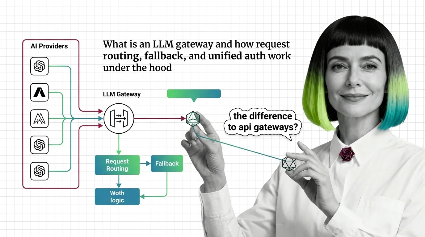 Routing diagram showing application requests split across multiple AI provider endpoints with fallback paths and unified
