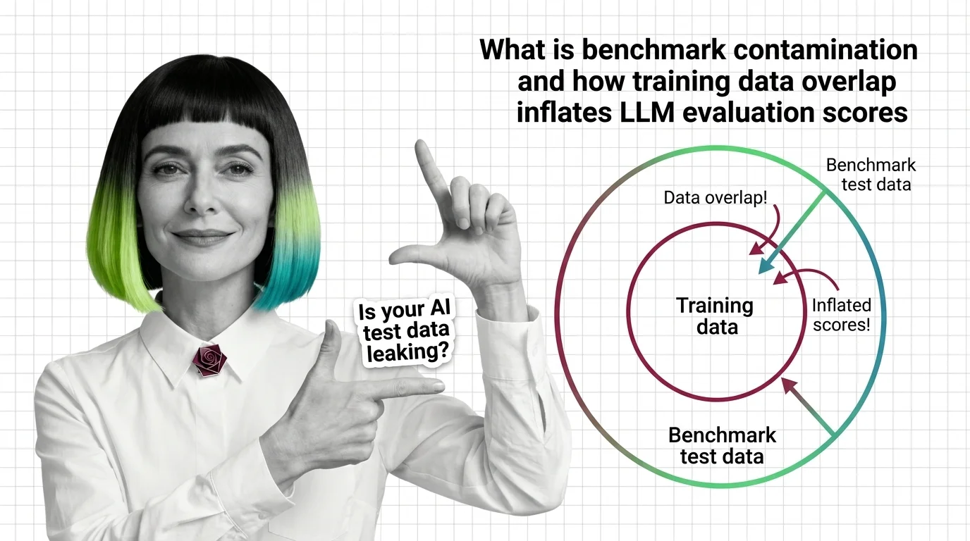 Abstract visualization of overlapping training and evaluation data sets with highlighted contamination pathways