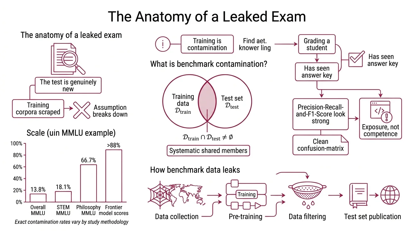 Diagram showing contamination pathways from web crawl through pre-training, fine-tuning, and RLHF stages into benchmark evaluation overlap
