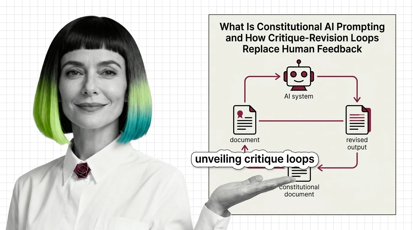 Diagram of a critique-revision feedback loop: model outputs pass through a principles checklist and revision before