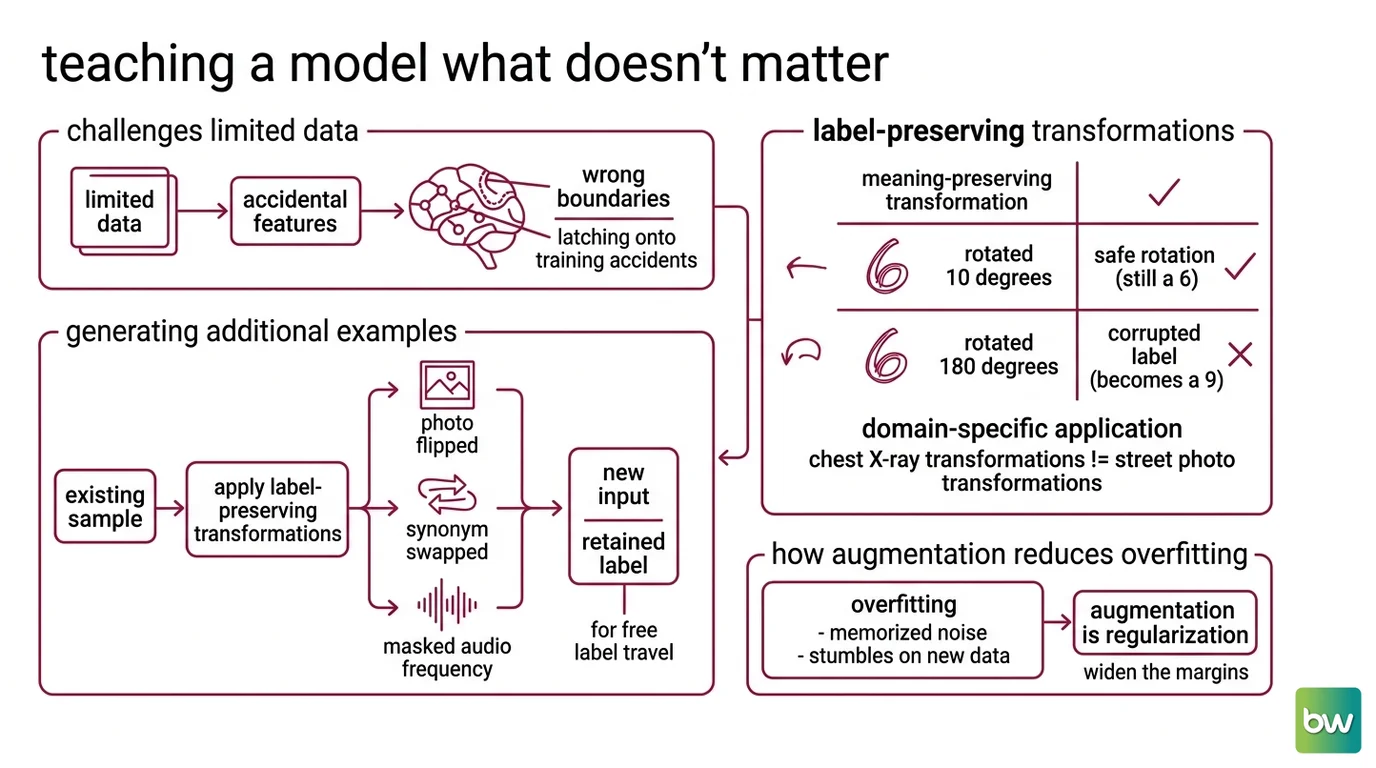 Three families of data augmentation: single-sample transforms, mixing-based methods like mixup and CutMix, and modality-specific methods like SpecAugment