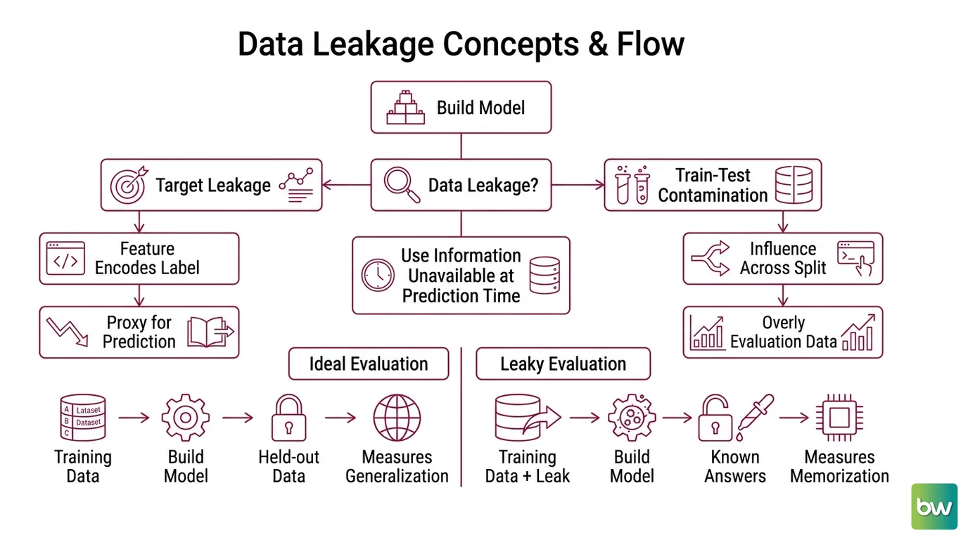 Three leak channels — preprocessing fit on full data, random splits of time-ordered data, and target-proxy features — feeding test information into model training