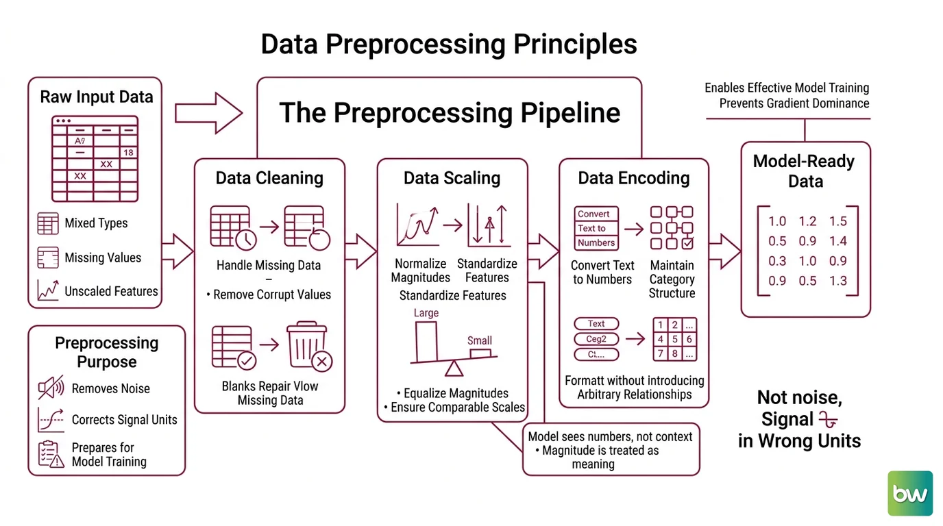 Pipeline diagram showing raw data passing through cleaning, imputation, scaling, and encoding stages into a model-ready feature matrix