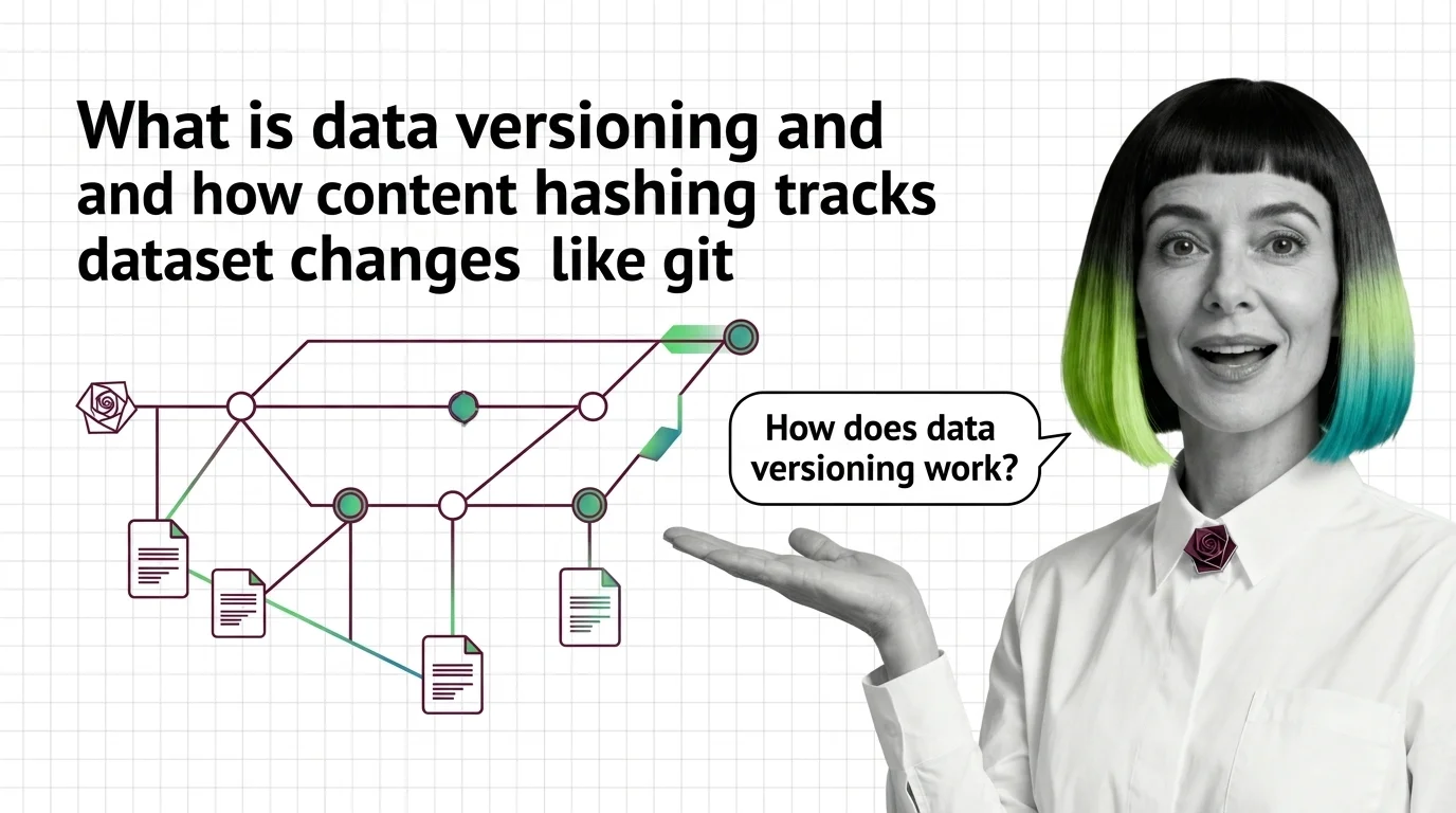 Diagram of content hashing versioning a dataset like Git, using pointer files and content-addressable storage