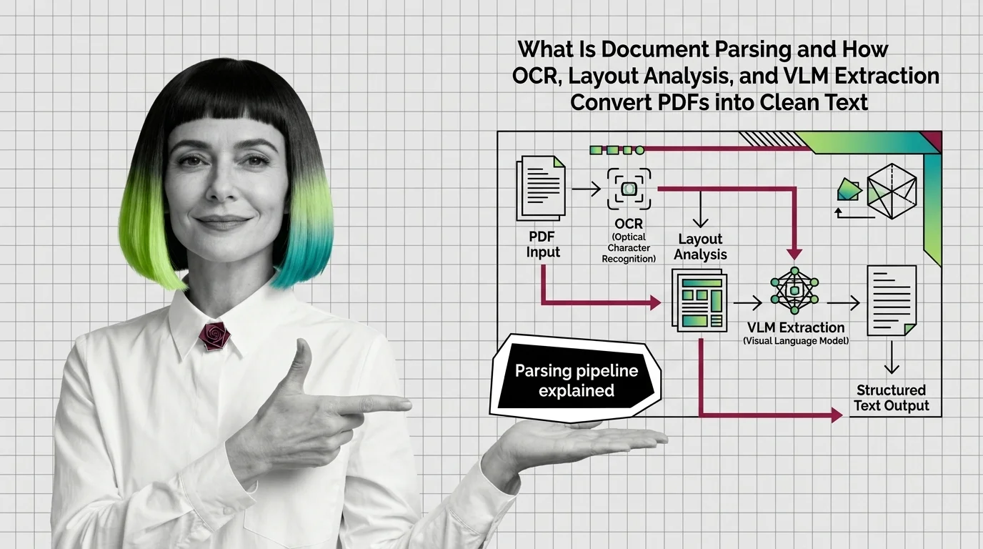 Document parsing pipeline decomposing a PDF into layout regions, OCR text, and VLM-extracted structure feeding a RAG knowledge base