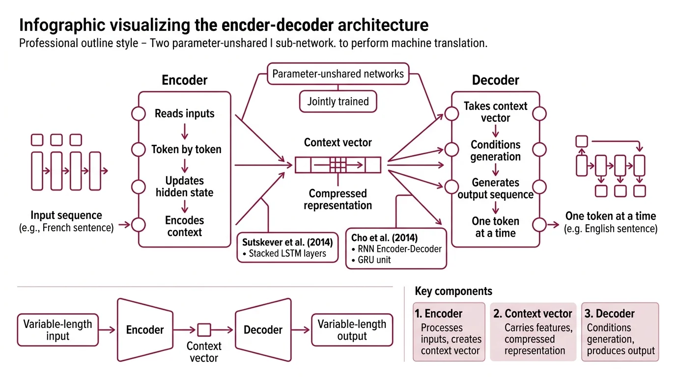 Diagram showing the three-phase data flow of encoder-decoder architecture: encoding input tokens into hidden states, bridging via context vector or cross-attention, and autoregressive decoding of output tokens